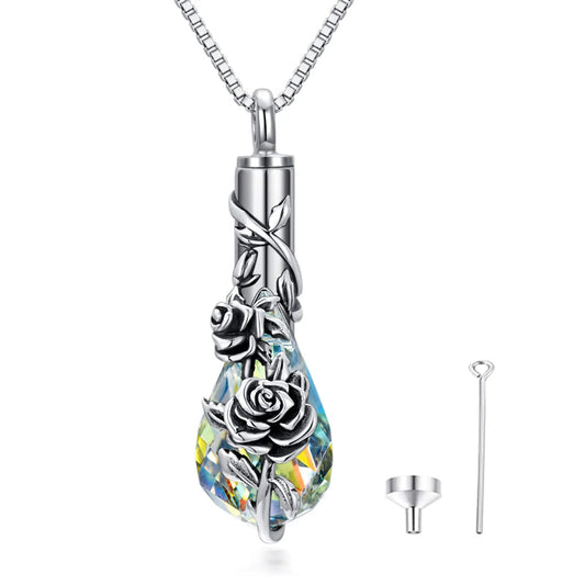 ✨ Eternal Remembrance: Sterling Silver Flower Cremation Necklace & Crystal Urn Necklace