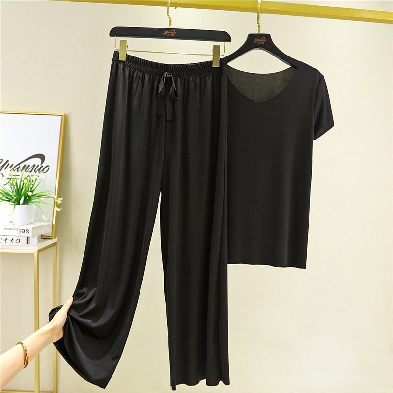 Stay Cool and Stylish with Soft and Comfortable Ice Silk Short-Sleeve T-Shirt and Loose Wide Leg Pants Set( Buy 3 Free Shipping)