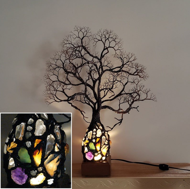 Unique Ancient Tree Metal Sculpture Gemstone Accent Lamp 3D - Add a Touch of Nature to Your Home Decor
