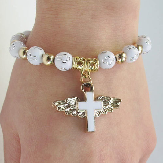 Heavenly Cross Bracelet with Angel Wings