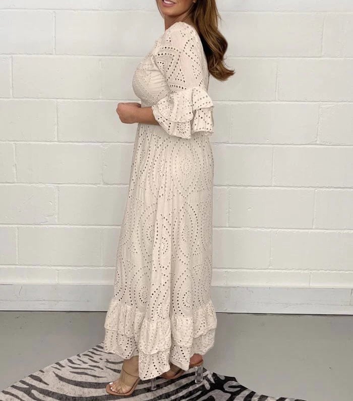 Get Free Shipping When You Buy 2 - Embroidery Anglaise Frill Sleeve Midi Dress