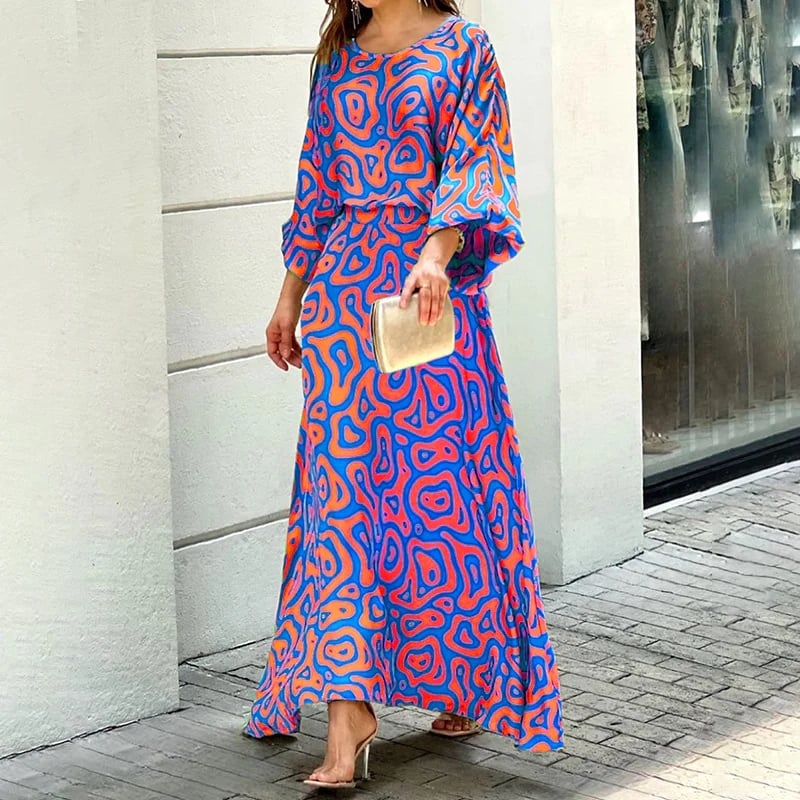 Elegant Swirl Maxi Dress with Slit Sleeves