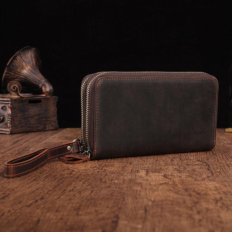 Leather Money Clip Card Holder With Double Zipper