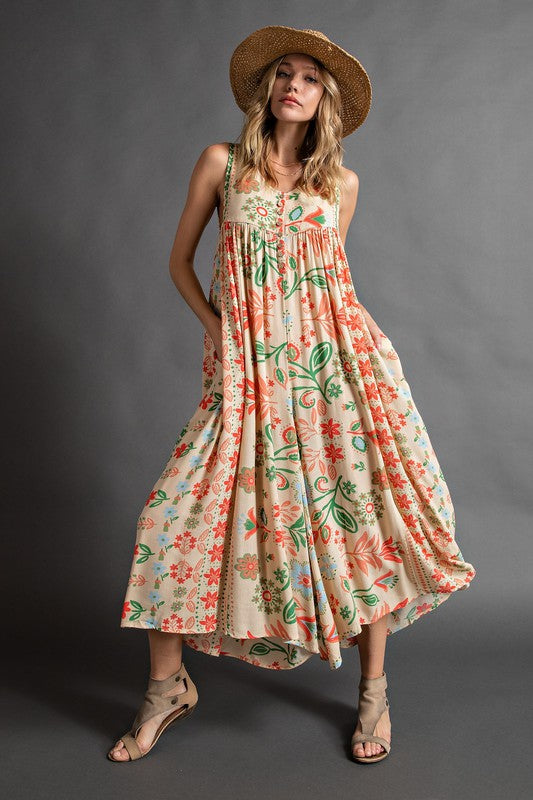 Elegant Vintage Floral Print Loose Sleeveless Jumpsuit - Embrace Timeless Beauty!